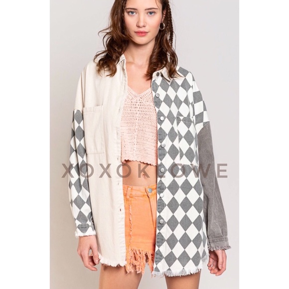 1 L POL Retro 90s Color Block Harlequin Print Denim Twill Shacket - Picture 13 of 14